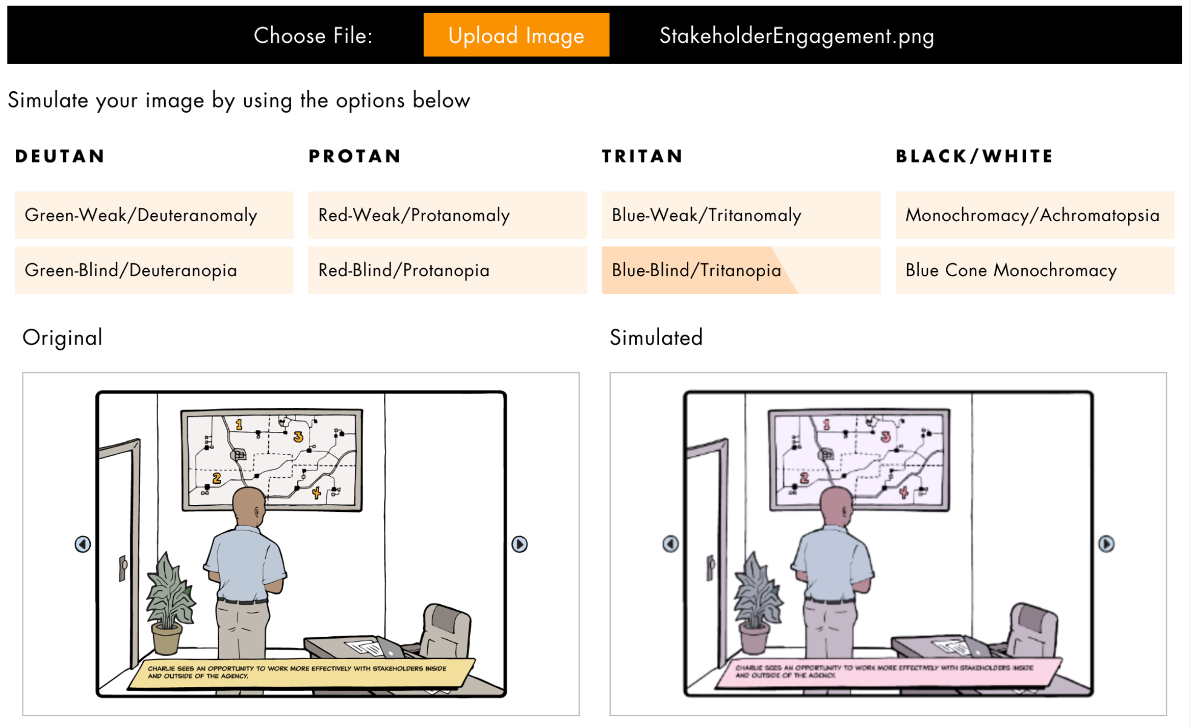 Screenshots of two eLearning courses—one with a Deutan check that shows the change in color from bright teal to a muted blue and a tritan check that shows the change in color from muted yellows and browns to shades of pink.